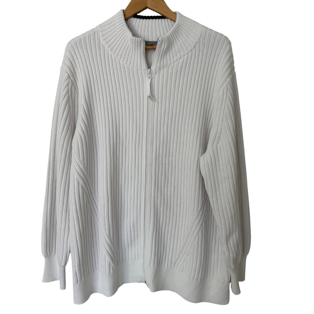T by Talbots Womens 2X White Ribbed Full Zip Mock Neck Cotton Blend Sweater NWT